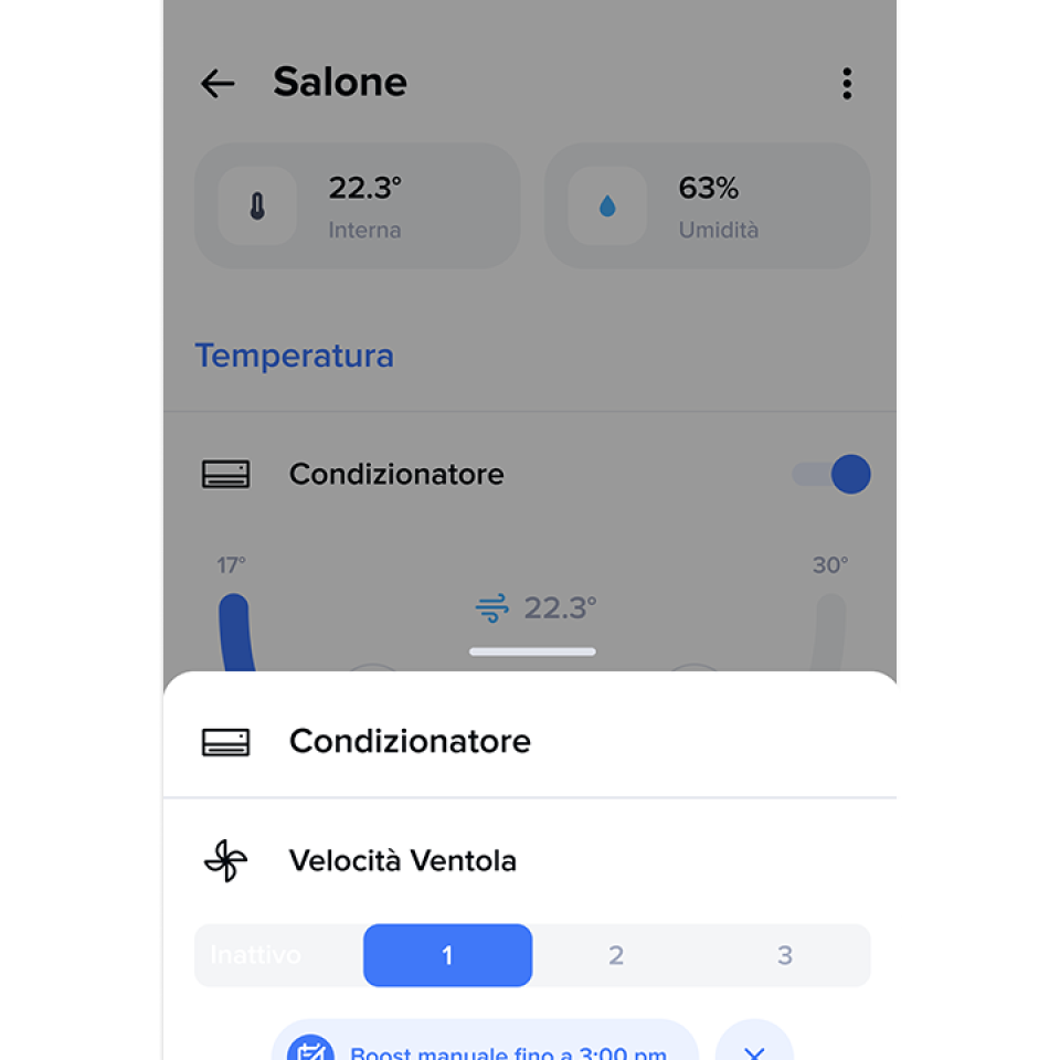 L'app Home+Control mostra le impostazioni del condizionatore con la velocità della ventola impostata a 1.