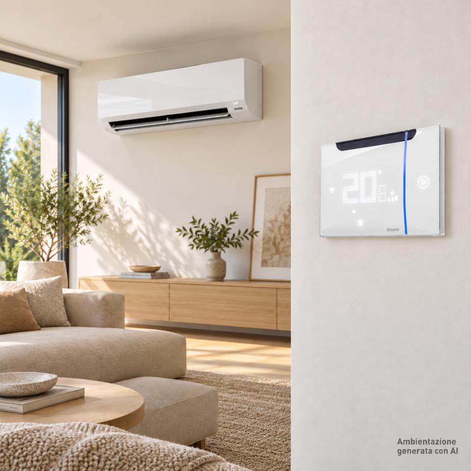 Termostato Smarther AC bianco, installato a parete in un salotto con climatizzatore